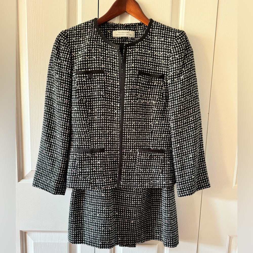 Tahari ASL Black and White w/ Pink Tweed Skirt Suit